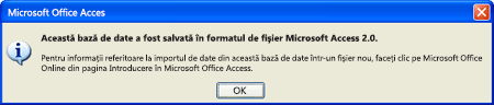 Această bază de date a fost salvată în formatul de fișier Microsoft Access 2.0.