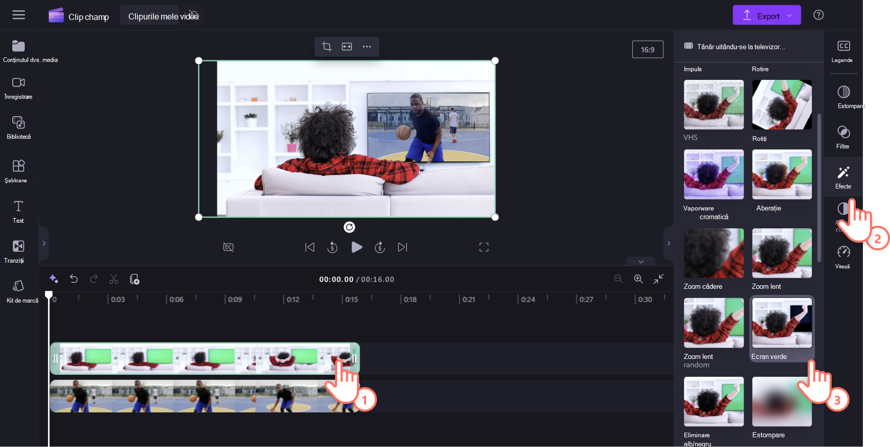 O imagine cu un utilizator Clipchamp selectând efectul de ecran verde din fila Efecte.