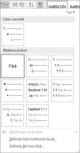 Alegeți butonul Listă multinivel pentru a adăuga numerotare la un stil de titlu predefinite, de exemplu, Titlu 1, în titlul documentului.