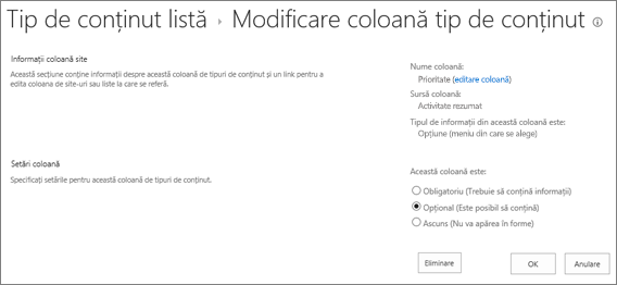 Modificarea paginii coloanei tip de conținut