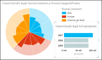Diagrama cu structură radială de vânzări după continent din Power View cu datele selectate pe anul 2007