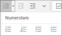 Butoanele Listă numerotată de pe panglica meniului Pornire din OneNote pentru Windows 10.