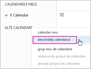 Meniul Deschidere calendar din Outlook Web App