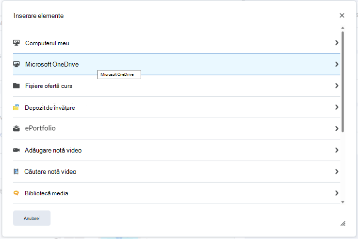 Încorporați un fișier OneDrive în Editorul Brightspace utilizând meniul Inserare elemente inserare.