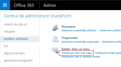 Imagine ecran cu meniul Setări SharePoint și profilul de utilizator evidențiat