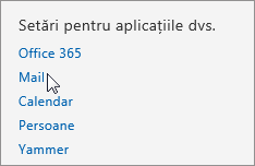 Captură de ecran a secțiunii „Setările aplicației” aferente Setărilor din Outlook Web App, cu cursorul indicând opțiunea Corespondență.
