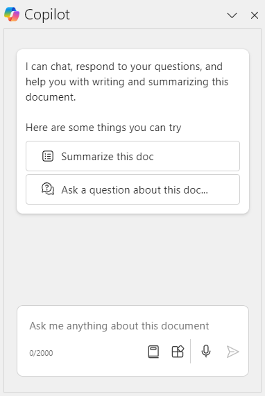 Captură de ecran a panoului de chat Copilot din Copilot în aplicația desktop Word