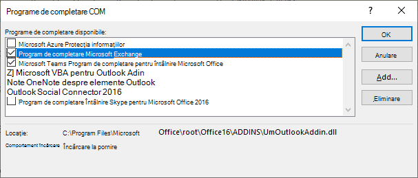 Outlook este deschisă fereastra de program de completare coms.