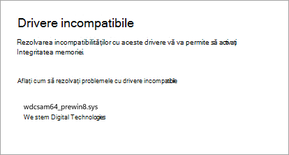Caracteristica de integritate a memoriei Windows care arată că un driver este incompatibil