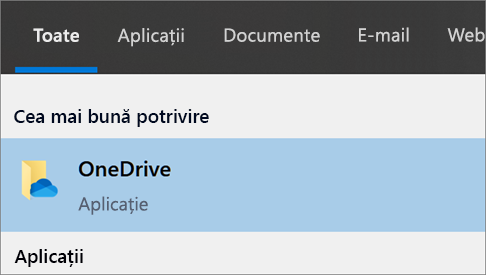 Captură de ecran cu căutarea aplicației desktop OneDrive în Windows 10