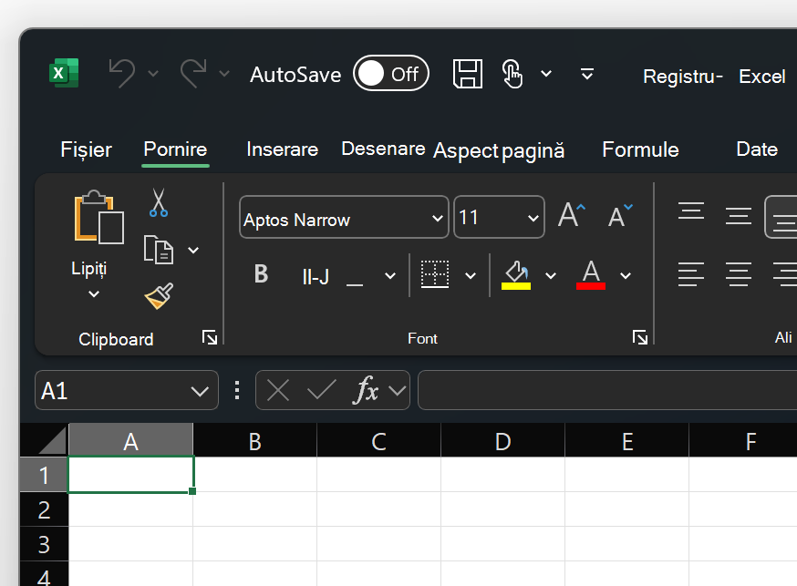 Captură de ecran cu tema Excel în negru din stânga sus.