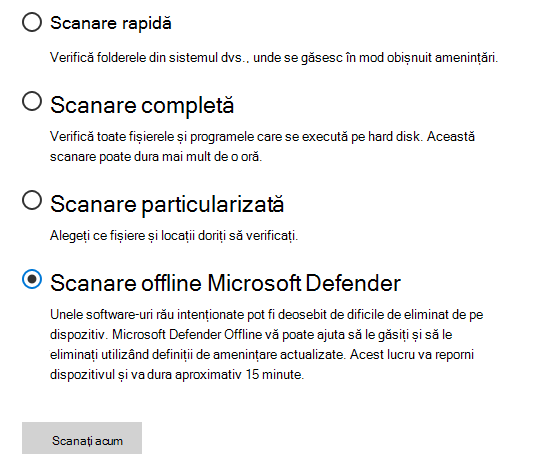 Caseta de dialog Opțiuni de scanare afișând Microsoft Defender Scanare offline selectată.