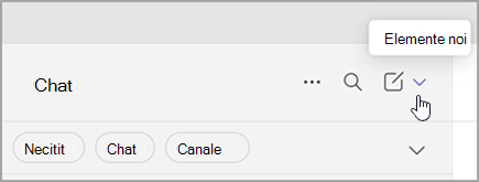 Captură de ecran cu opțiunea de a selecta elemente noi din vizualizarea combinată. Acesta se află în partea dreaptă, deasupra listei de chaturi și canale.