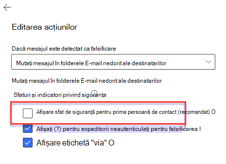 Panoul de acțiuni anti-phishing, cu opțiunea Afișați sfatul de siguranță pentru prima persoană de contact evidențiată.