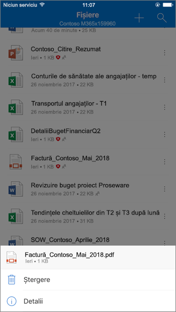 Captură de ecran cu ștergerea unui fișier blocat din OneDrive pentru business din aplicația mobilă OneDrive