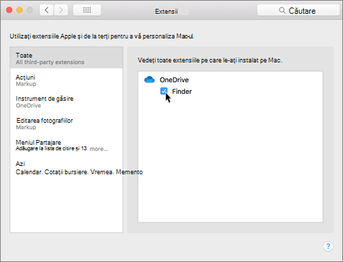 Captură de ecran cu extensiile din preferințele de sistem de pe un Mac