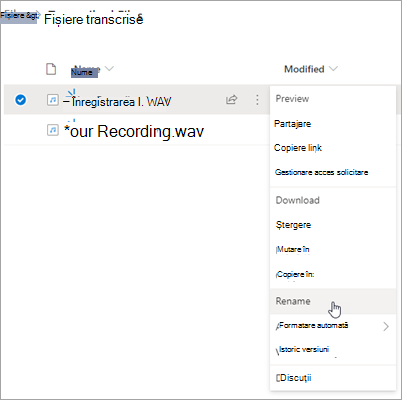 Interfața de fișier OneDrive cu înregistrarea evidențiată și opțiunea Redenumire evidențiată în meniul contextual 
