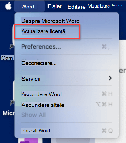Găsirea butonului Actualizare licență în Microsoft Word pe MacOS.