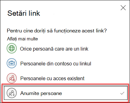 Setare link în OneDrive cu opțiunea Anumite persoane evidențiată.