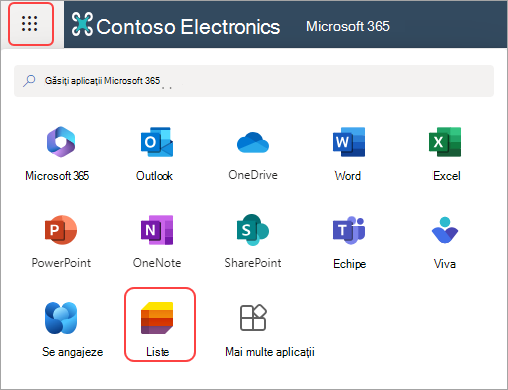 Captură de ecran cu Lansatorul de aplicații și aplicația Liste din Microsoft 365.