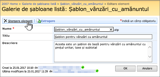 Pagina Editare șablon de listă cu Ștergere evidențiată.