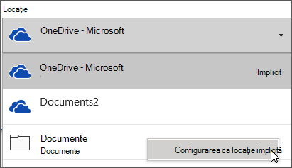 Caseta de dialog Salvare fișier din Office 365 afișând lista de foldere extinsă, astfel încât clientul să poată modifica folderul de salvare implicit