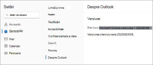 Imagine cu noile informații despre versiunea outlook pentru Windows, cu "General" și "Despre Outlook" evidențiate.