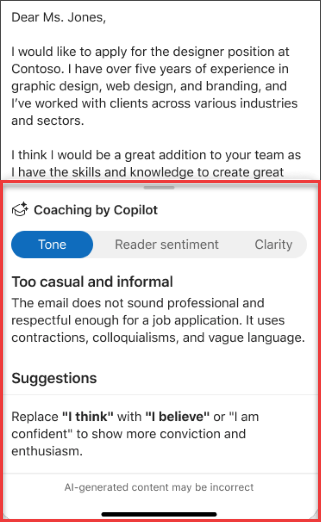 Sugestii Copilot pentru tonalitate, claritate și sentiment de cititor în Outlook pentru dispozitive mobile