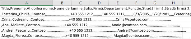 Un exemplu de fișier .csv salvat în format .xls.