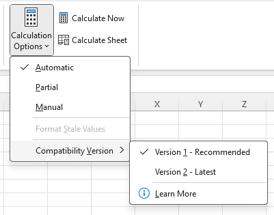 Menu to change Compatibility Version:

Formula > Calculation Options > Compatibility Versions