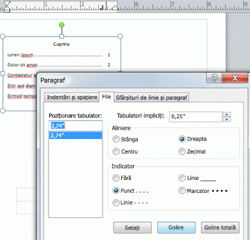 TAB dialog box with options for a TOC