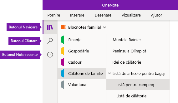 Bara de navigare în OneNote pentru Windows 10