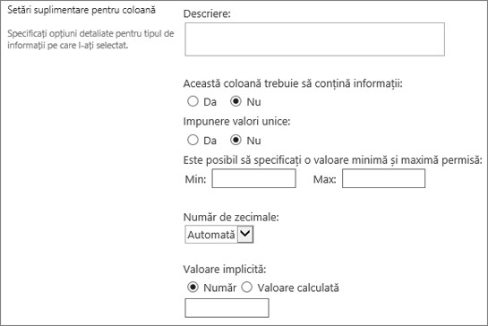 Opțiuni pentru coloana numerică