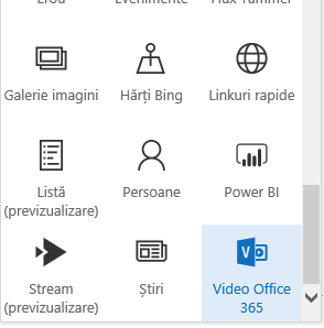 Captură de ecran a butonului meniu Video Office 365 în SharePoint.