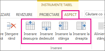 Imagine cu opțiuni de aspect pentru adăugarea de rânduri și coloane în tabele