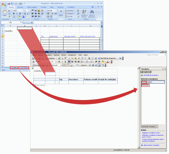 Un registru de lucru Excel înainte și după conversia la un șablon formular InfoPath.
