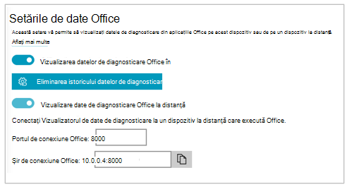 Captură de ecran a secțiunii "Setări date Office" din Setări pentru Vizualizator date diagnosticare