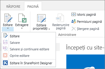 Panglică pagină afișând butoanele dezactivate