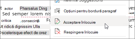 Faceți clic dreapta pentru a accepta sau a respinge o modificare.