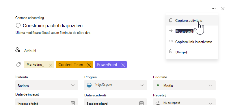 Selectarea opțiunii "Copiere activitate" în detaliile activității