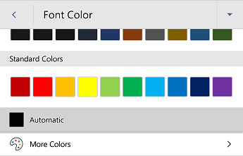 Word pentru Android meniul de culori pentru fonturi