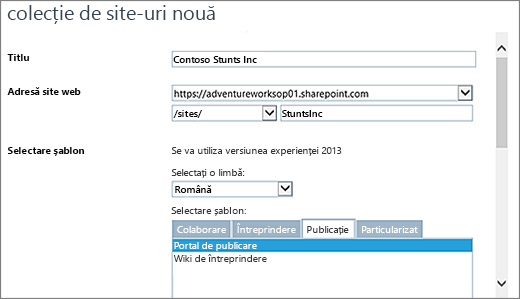 Caseta de dialog colecție de site-uri nouă din partea de sus cu portalul de publicare evidențiat