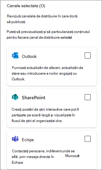 Captură de ecran a panoului lateral afișând casetele de selectare pentru Outlook, SharePoint și Teams.
