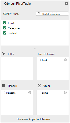Exemplu de casetă de dialog cu lista de câmpuri PivotTable din Excel