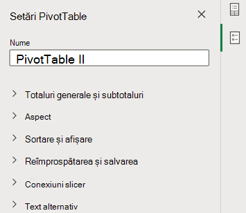 Panoul Setări PivotTable din Excel pentru web