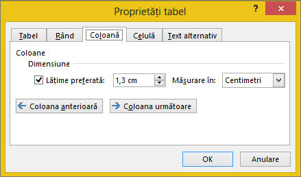 Column tab in the Table Properties dialog box