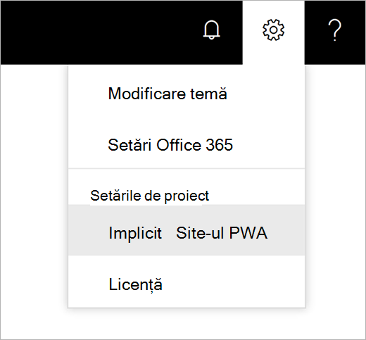 Captură de ecran a meniului pictogramă Setări roată cu indicatorul alegând site-ul PWA implicit