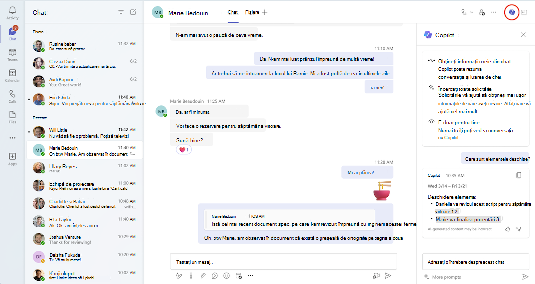 O vizualizare Copilot într-un chat Teams
