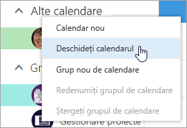 Captură de ecran a meniului contextual pentru Alte calendare, cu opțiunea Deschidere calendar selectată.