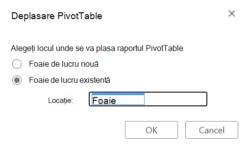 Caseta de dialog Mutare PivotTable din Excel pentru web.